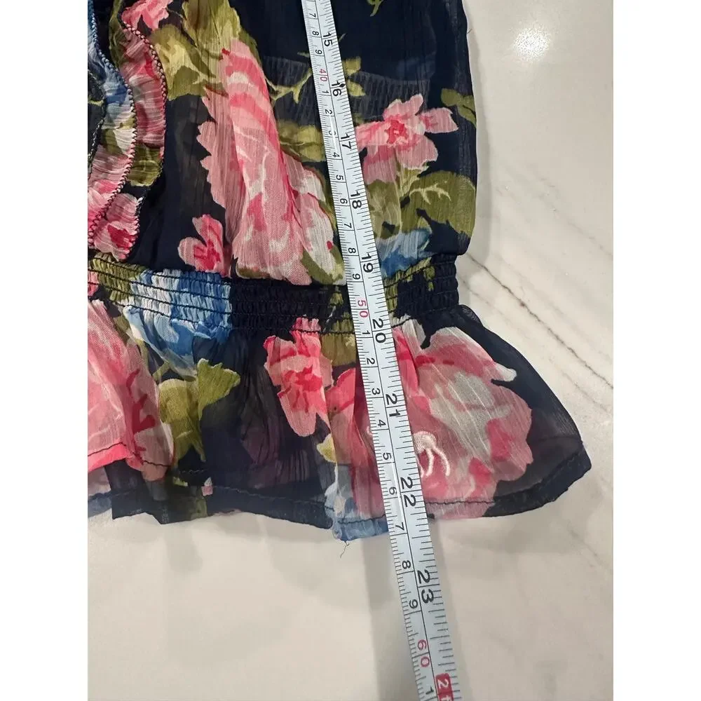Abercrombie & Fitch Floral Chiffon Blouse M Navy Pink Ruffle Coquette Y2K